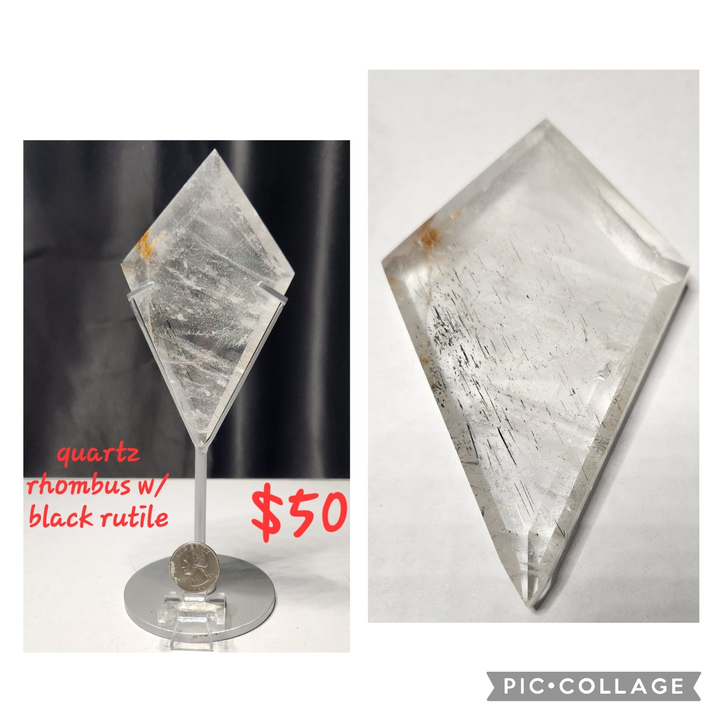 Quartz Rhombus w/ Black Rutile w/stand